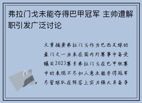 弗拉门戈未能夺得巴甲冠军 主帅遭解职引发广泛讨论